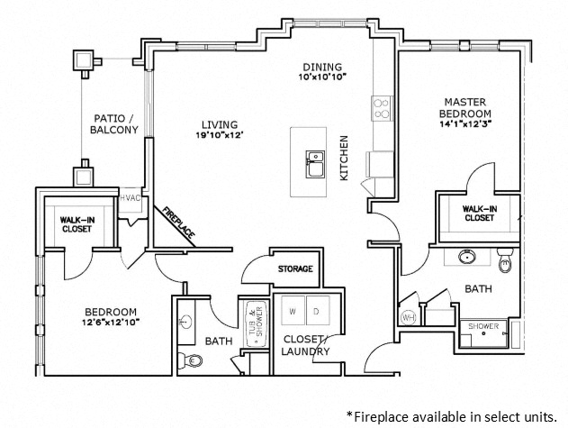 Floor plan for 2 beds, 2 baths, 1386 sqft